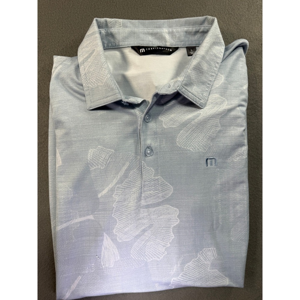 TravisMathew Polo Shirt Mens Large Blue Floral Leaf Short Sleeve SSA Tech Logo